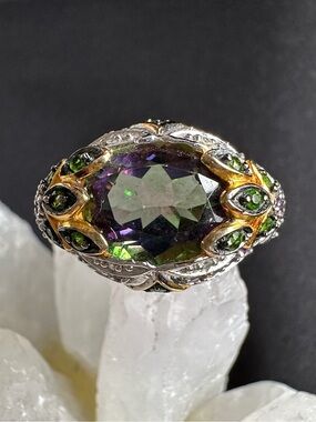 Mystic topaz GUC genuine gemstone ring. Multi gemstone accents in 925 vermeil